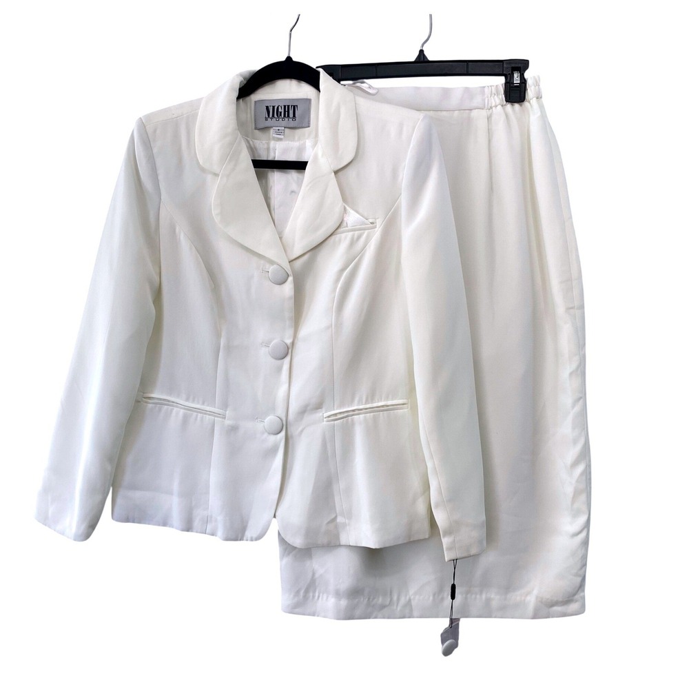 Night Studio Skirt Suit Womens 8 Ivory Blazer Pencil Skirt Set Vintage Career